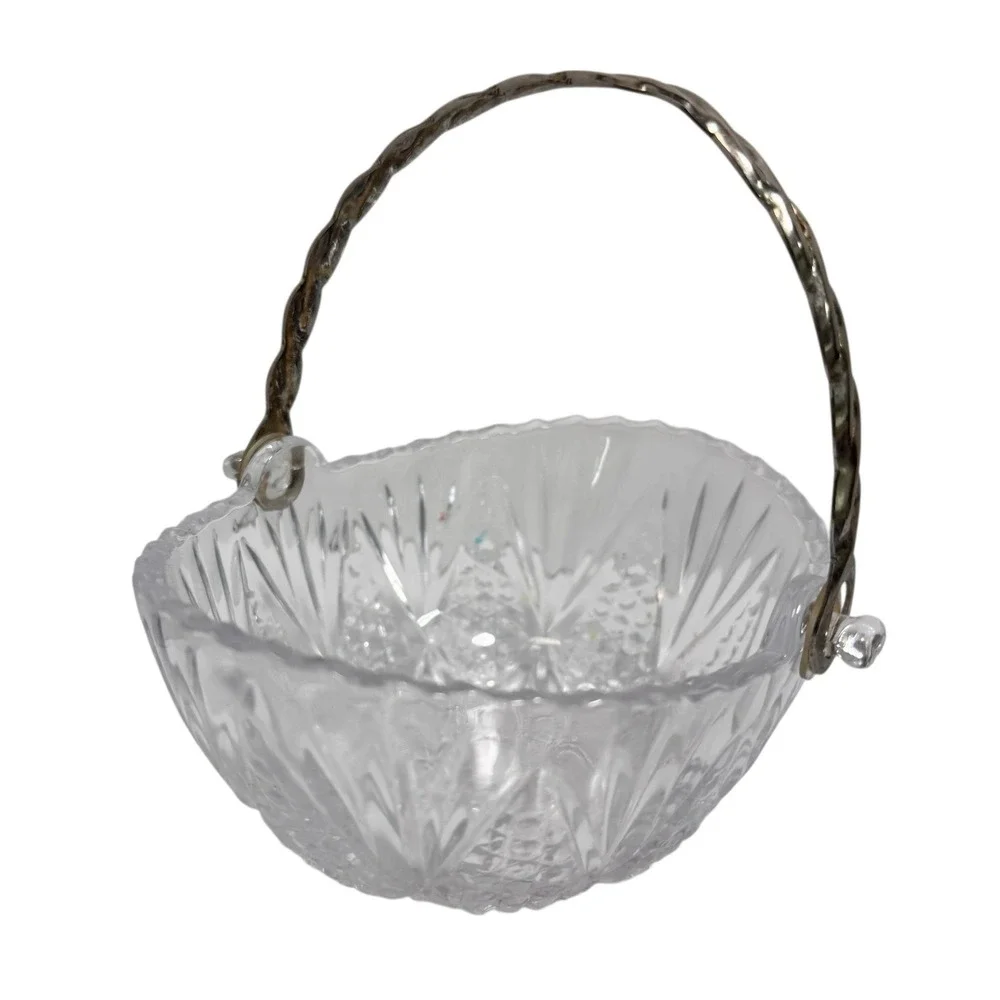 Vintage Mikasa Cut Glass Crystal Basket Candy Dish Silver Tone Twisted Handle